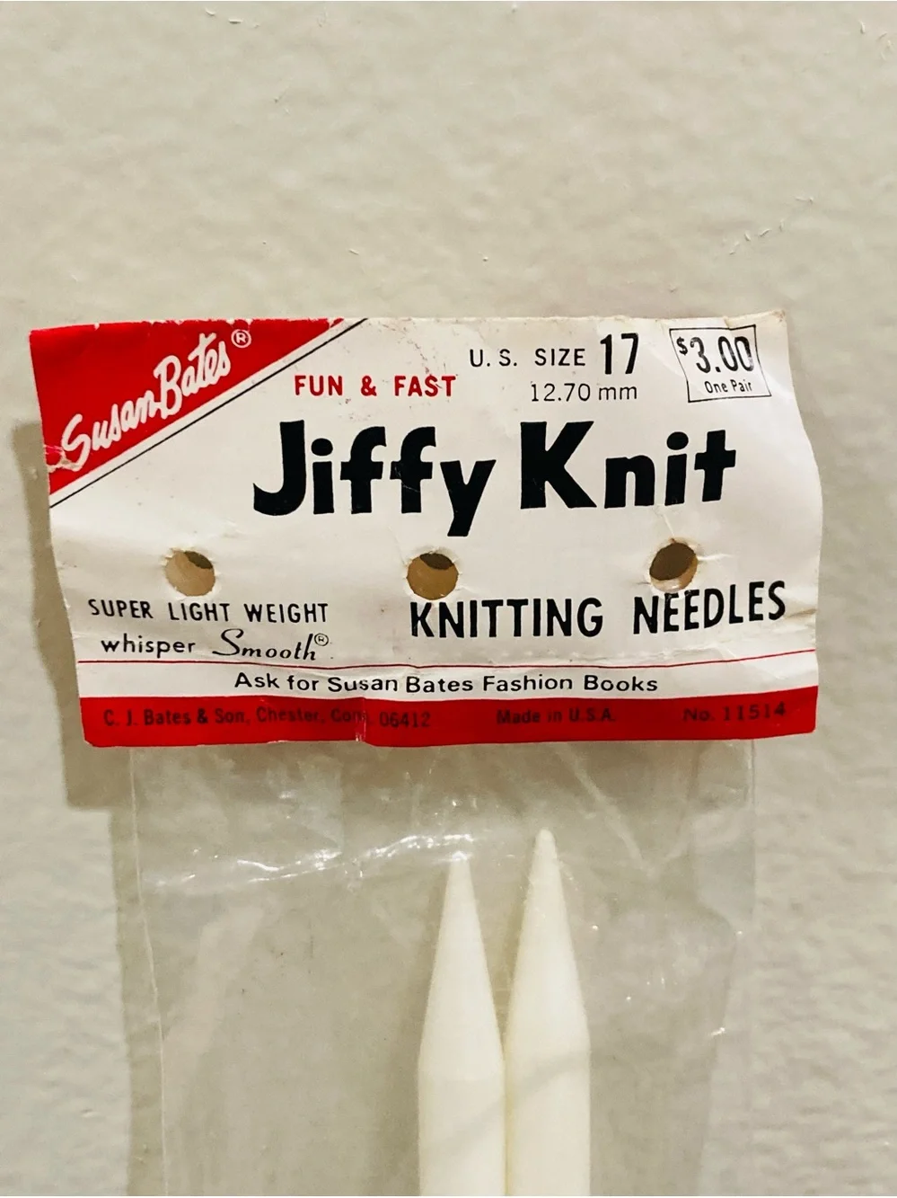 NWT Jiffy Knit size 17 12.7mm White Knitting Needles by Susan Bates